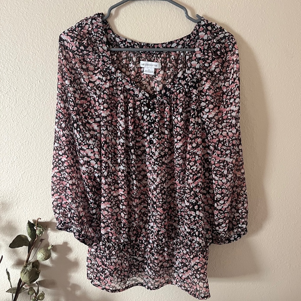 Liz Claiborne Women's Floral Sheer Blouse - Pink and Black Size L